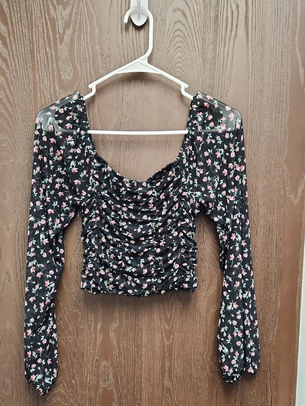 Almost Famous Black Floral Ruched Long Sleeve Crop Top with Pink Flowers